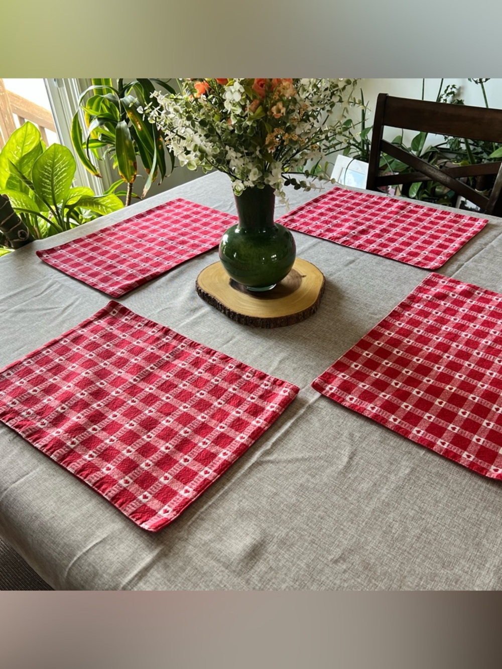 Red Gingham Plaid Fabric Placemats Set of 4 w/ Hearts - Cottagecore Farmhouse